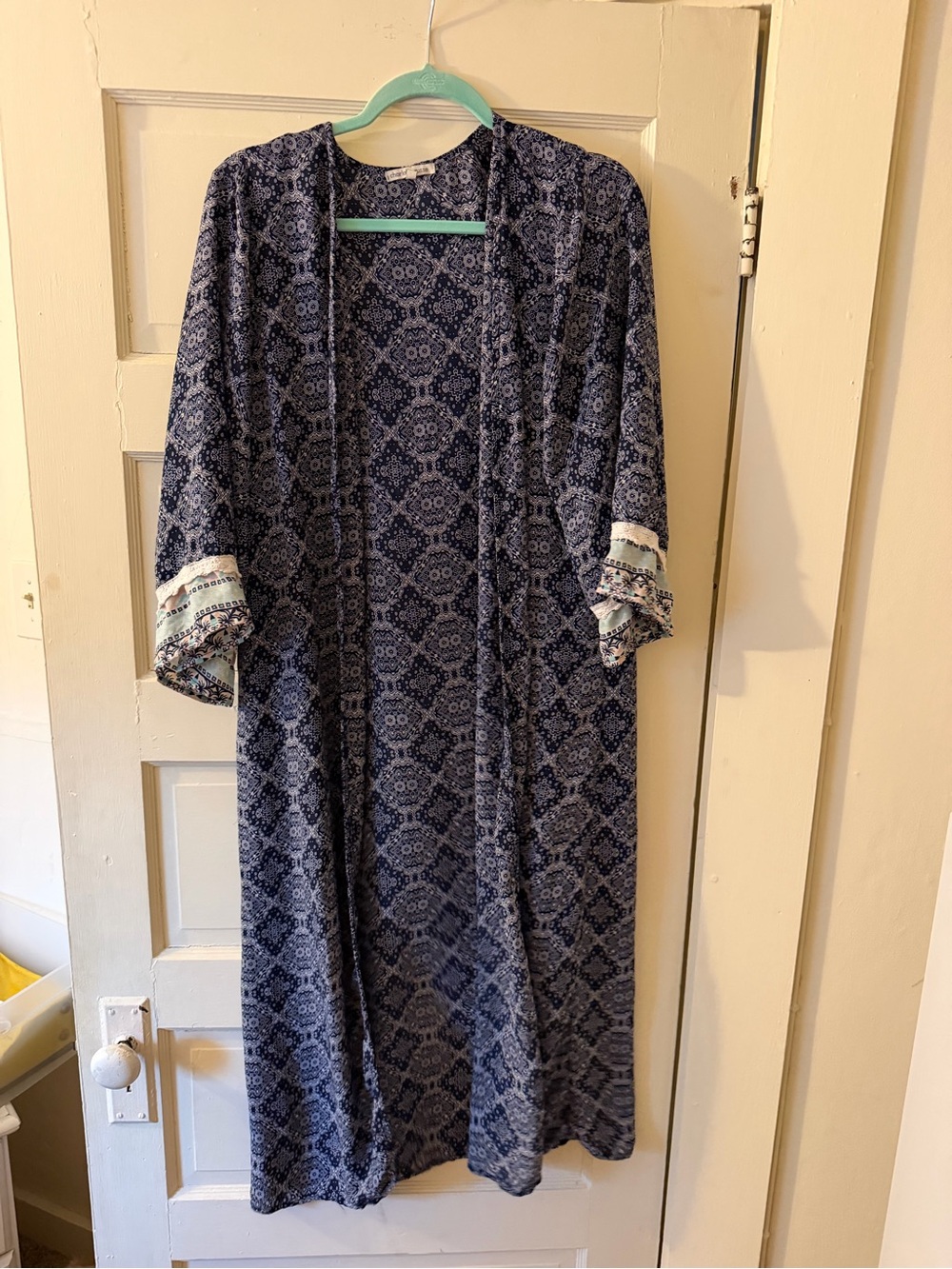 Women's Blue Patterned Long Kimono Robe